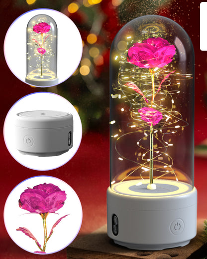 Creative 2 In 1 Rose Flowers LED Light And Bluetooth Speaker In Glass Cover
