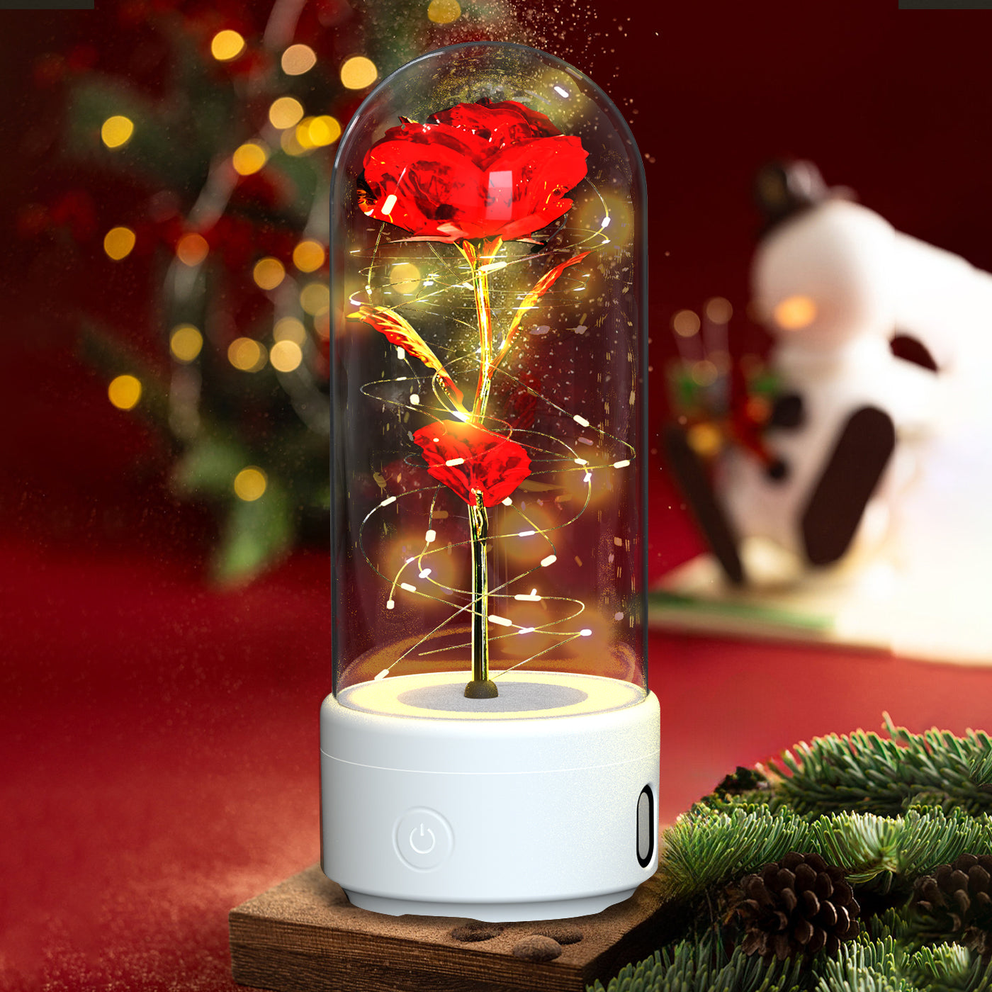 Creative 2 In 1 Rose Flowers LED Light And Bluetooth Speaker In Glass Cover